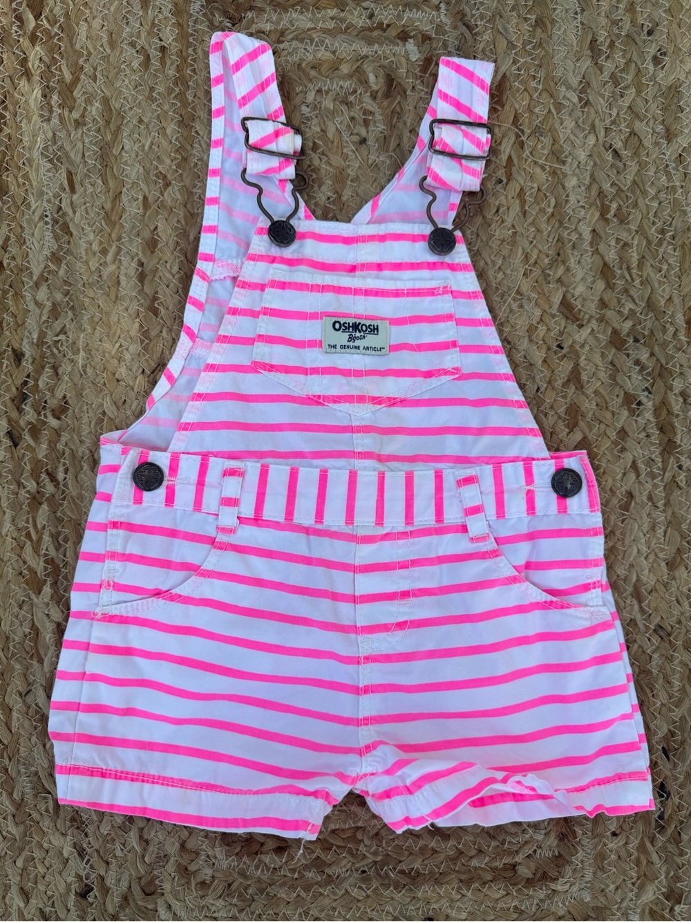 OshKosh B'gosh Hot Pink White Striped Short Overalls Snap 12 months